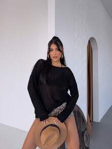 Women's Fashion Casual Hollow Out Long Sleeve Knit Cover Up Top - Black - View 5