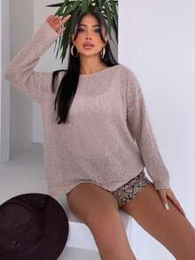 Women's Fashion Casual Hollow-Out Long Sleeve Knit Cover Up Top - Beige - View 3