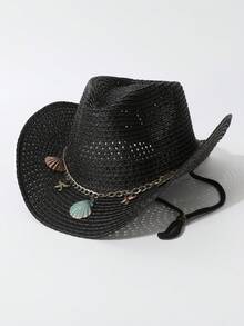 1pc Women's Shell Decor Chain Handmade Woven Spring/Summer Windproof Rope Panama Straw Hat, European And American Western Style Sun Hat, Versatile Sun Hat For Spring/Summer Daily Wear, Beach Vacation, Outdoor Activities, Western Themed Events, Music Festivals - Top Hat - View 5