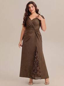 EVERPRETTY Đầm dạ hội chính thức cho nữ size lớn mùa hè, cổ chữ V đính sequin lấp lánh, ngực nhún bèo phối sequin tương phản, màu nâu, nơ đen, cho sự kiện, tiệc khiêu vũ, khách mời đám cưới - màu nâu - Xem 5
