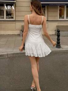 ARA CHIC Women's White Lace Elegant Spaghetti Strap Mini Dress, Ruffle Hem Fitted Party Skirt, Romantic Style, Summer New Arrival - White - View 1