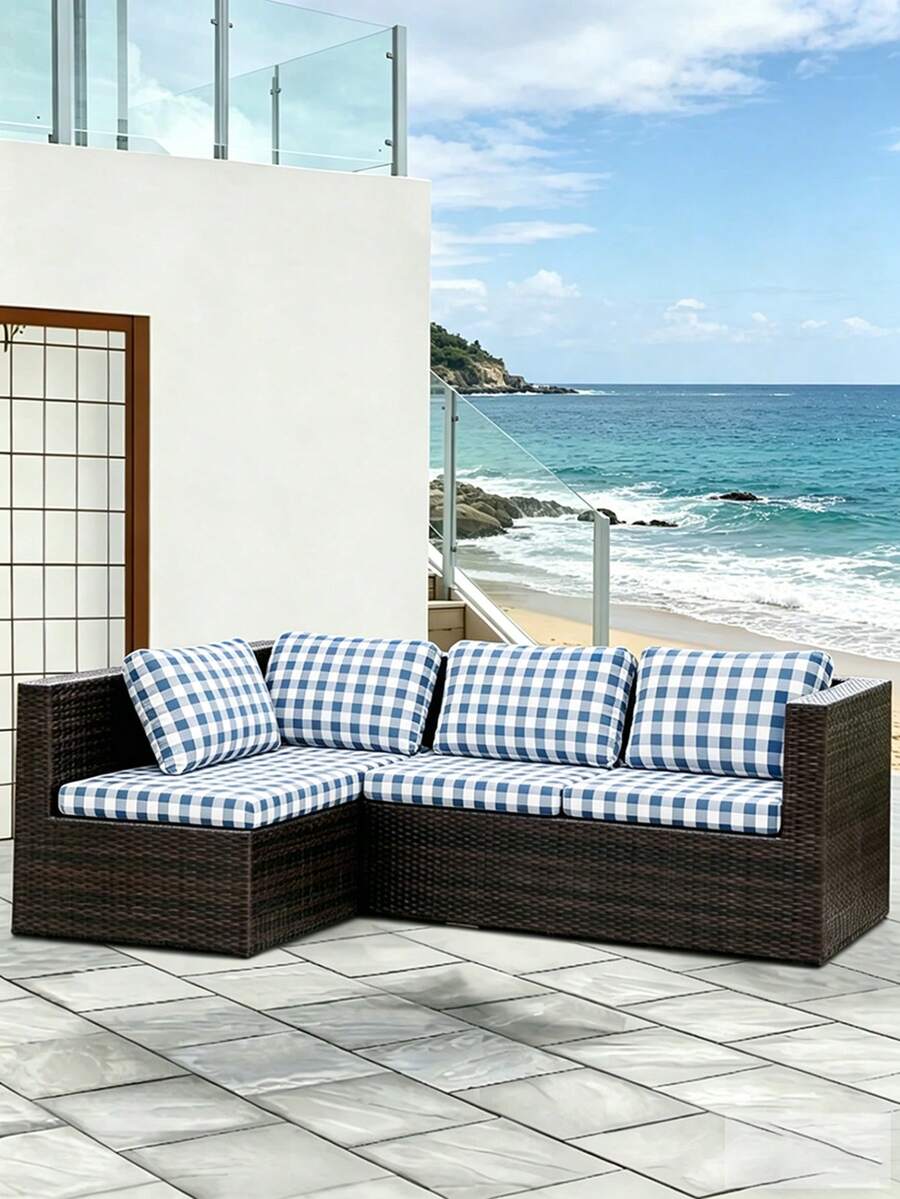 1pc Outdoor Summer Printed Sofa Cushion Cover, Fresh Blue Plaid Pattern, All-Season Minimalist High Elasticity Dust-Proof Removable & Washable Sofa Slipcover For Living Room & Bedroom - Multicolor - View 1
