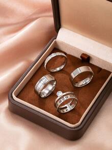 Set de 4 anillos de mujer elegantes y de moda con elementos de zirconia con letras romanas cortadas, de acero inoxidable con diamante de imitación, adecuados para uso diario, festivales, citas, compromisos, bodas y regalos - Plata 1 - Ver 11