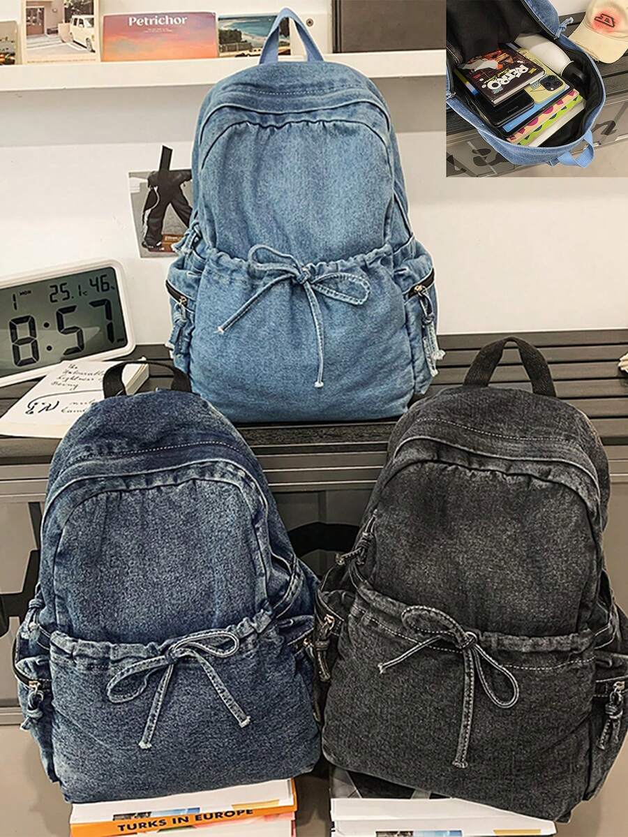 Mochila mini de mezclilla lavada vintage Y2K con bolsillos con cordón, adecuada para el estilo callejero estudiantil