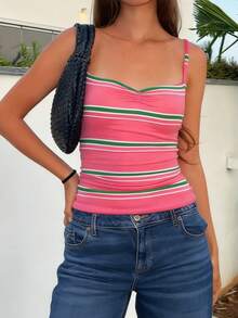 Women Y2k Striped Cropped Top Sweet Heart Neck Ruched Camisole Crop Tops Sexy Backless Sleeveless Slim Fit Polka Camisole Vests Shirts Teen Girls Going Out Tops Aesthetic Clothes Club Streetwear - 西瓜粉 - 查看 3