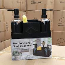 洗手液和洗洁精套装,双头设计,带海绵架和刷架,厨房水槽台面四合一收纳架,实用厨房工具 - 黑白 - 皂液器 - 查看 14
