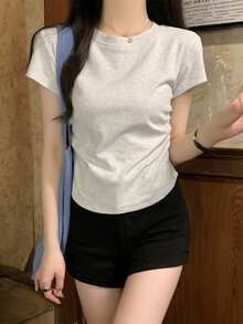 Áo thun nữ tay ngắn dáng suông, xếp ly/ôm eo, thích hợp mặc mùa hè. - Màu Xám nhạt - Xem 5