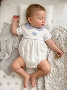 Baby Short Sleeve Romper Embroidered Plaid Doll Collar Summer Bubble Bodysuit For Girls Boys - 藍色 - 查看 3