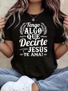 Camiseta "Tengo Algo Que Decirte Jesus Te Ama" de Jesús español de mujer - Ropa de iglesia con estampado de hoja religiosa, manga corta adecuada para eventos de iglesia, ropa diaria y reuniones de misa española, ropa devota de primavera / verano - Negro - Ver 2