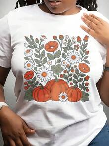 Camiseta casual de moda de cuello redondo de las mujeres de Pascua con calabaza y patrones florales en un Countrtyle - Blanco - Ver 2