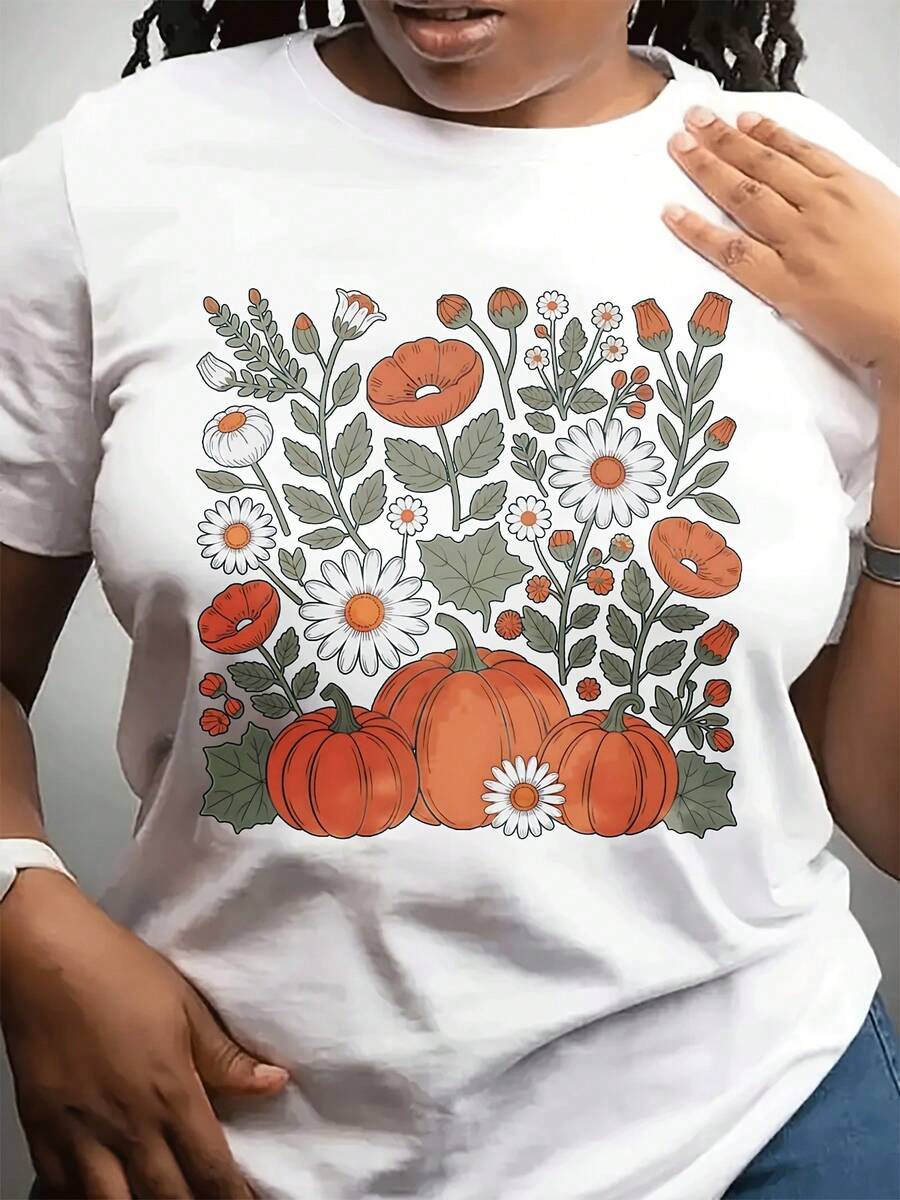 Camiseta casual de moda de cuello redondo de las mujeres de Pascua con calabaza y patrones florales en un Countrtyle