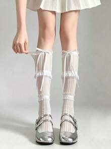 2pcs/Set Summer Korean Style Polka Dot Ankle Socks + White Lace Bow Leg Warmers, Thin Layered Ballet Ruffle Leg Warmers, Suitable For Y2K Daily/Date/School Outfits - Multicolor - View 5