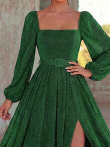 Elegant Square Neck Lantern Sleeve Long Party Evening Dress, With Detachable Waistband, Suitable For Formal Parties, Charity Galas, Weddings - Dark Green - View 4