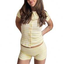 Striped Ribbed Knit Loungewear Set, Short Sleeve Button Top  Shorts Pajama Set - Amarillo - Ver 2