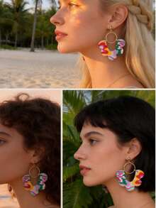 1 Pair Boho Style Colorful Patterned Earrings, Cute Girl Vibe Earrings, Suitable For Music Festival, Beach Vacation, Beach Party, Summer Outing, Picnic Photo Shoot, Dopamine Dressing, Boho Style, Girlfriend Gathering, Casual Vacation Look, Sweet Girl Style - Multicolor - View 9