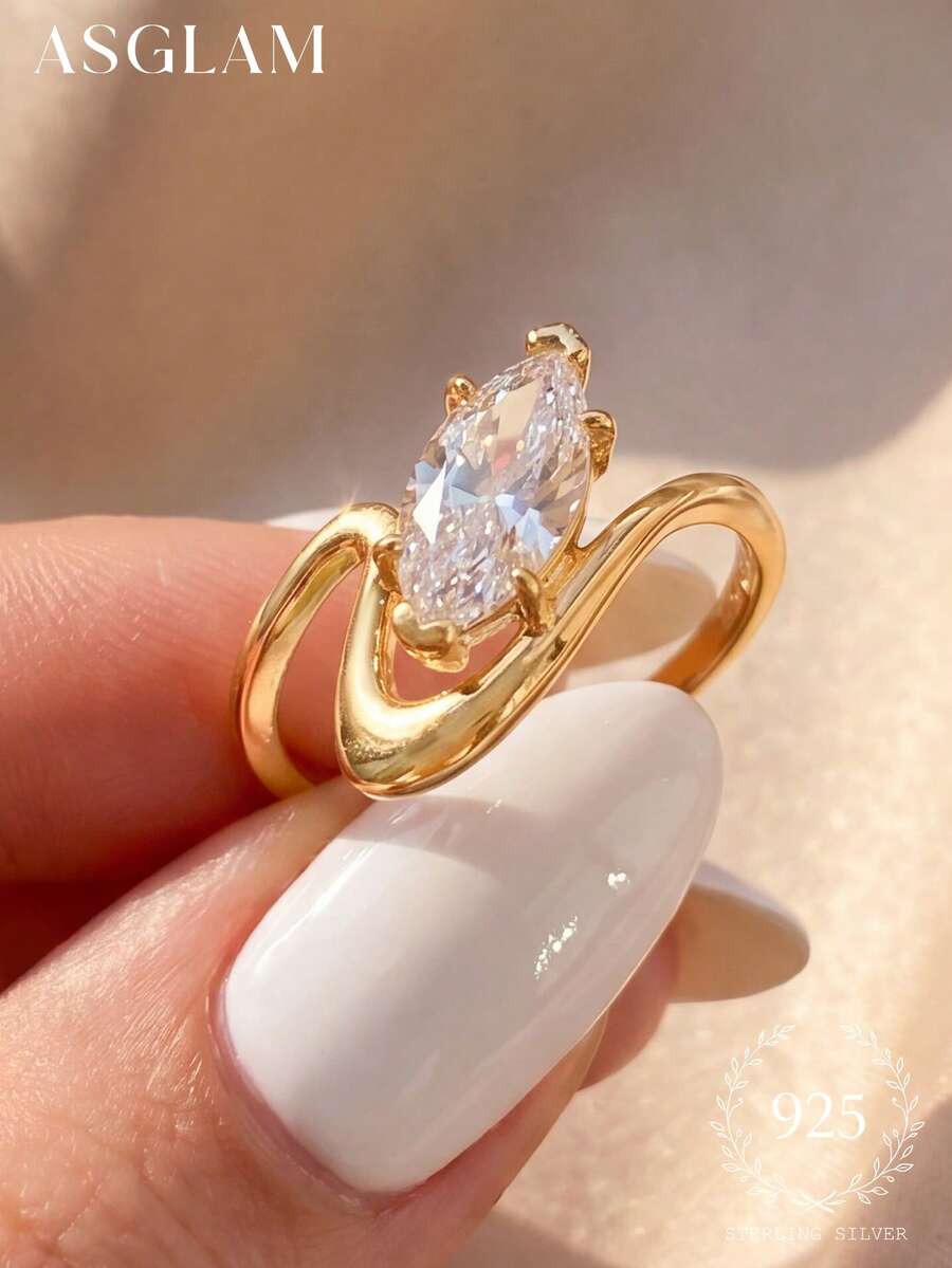 1 buah Cincin Serbaguna Batu Mata Kucing Perak Sterling 925, Cocok untuk Pemakaian Sehari-hari Wanita, Upacara Pernikahan, Hadiah untuk Pacar. - mata kuda bergelombang - View 1