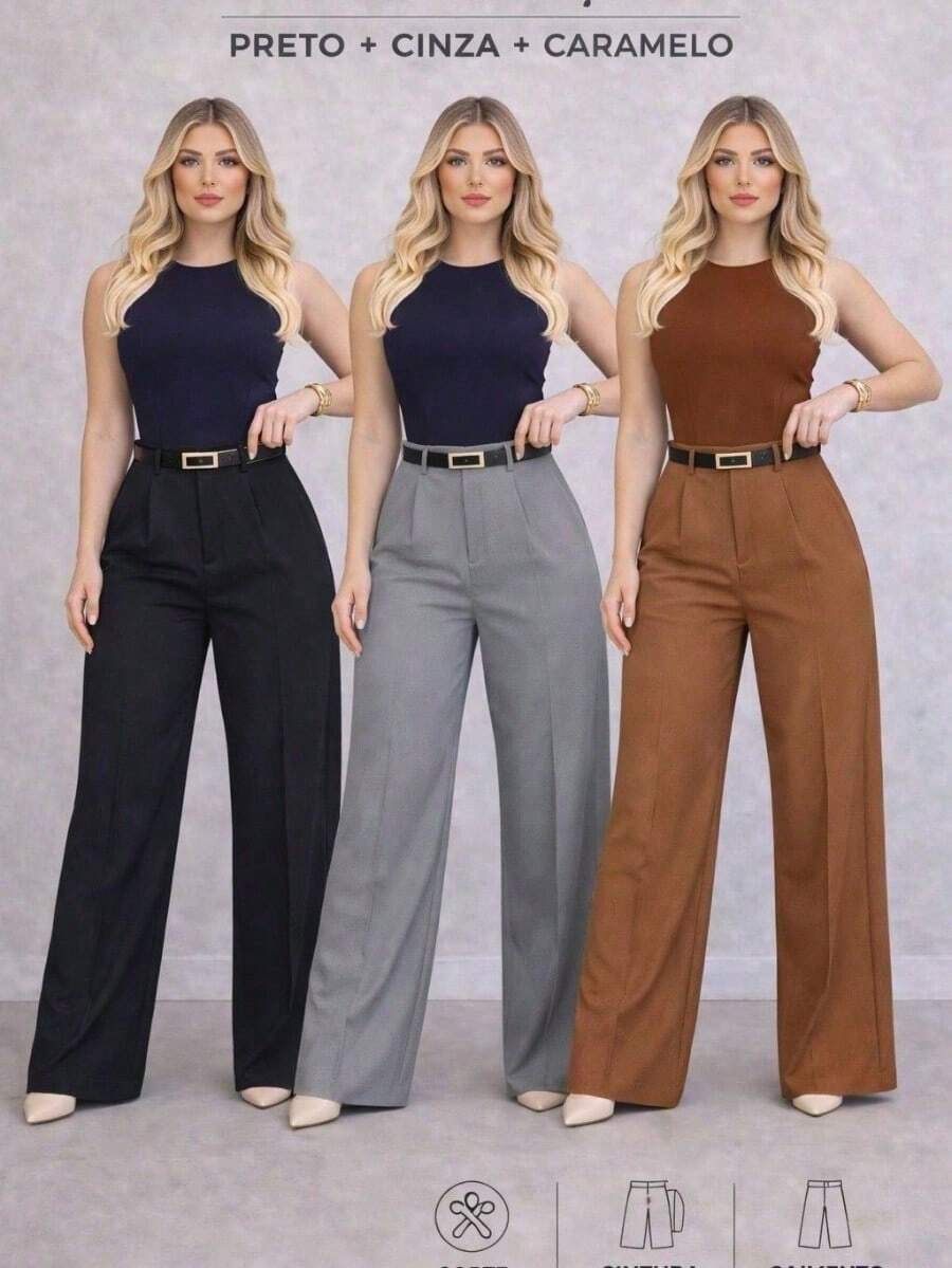 Set Of 3 Women's Tailored Trousers With Belt - 黑灰色焦糖 - 查看 1