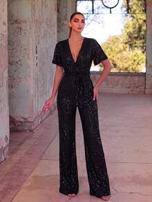 Mono elegante con escote en V profundo, mangas de mariposa, lazo delantero y lentejuelas para boda, primavera y fiesta en color negro - Negro - Ver 3
