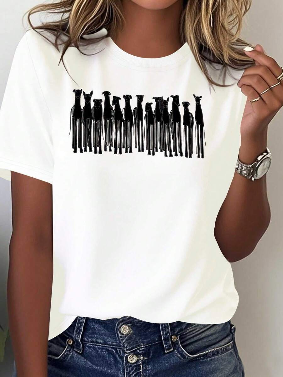 Women's Greyhound Graphic Print T-Shirt | Casual Loose Crew Neck, Short Sleeve, Geometric Pattern, Washable, Breathable And Comfortable, Suitable For All Seasons, Perfect For Dog Lovers And Horse Racing Enthusiasts - 白色 - 查看 1