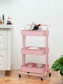 Multipurpose Trolley With Three Tiers Of Wheels, Storage Cart With Handle, Multifunctional Organizer Cart, Wheels With Brakes, Kitchen Shelf, Multifunctional Storage Rack With Mesh Basket, Large Capacity (Pink) - Pink - View 7