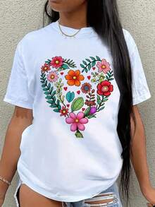 Round Neck T-Shirt With A Heart-Shaped Floral Pattern, Cute Floral Heart Print, For Spring And Summer, Valentine's Day, Anniversary, Girlfriend Or Wife - White - View 1