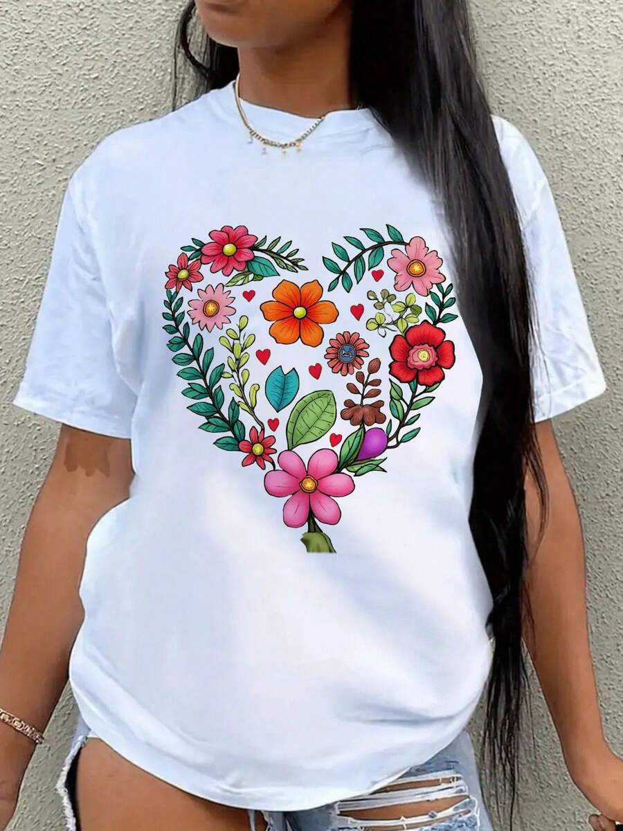 Round Neck T-Shirt With A Heart-Shaped Floral Pattern, Cute Floral Heart Print, For Spring And Summer, Valentine's Day, Anniversary, Girlfriend Or Wife - White - View 1