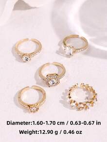 5pcs Exquisite Elegant Luxury Design Rhinestone Leaf Rings Set, Fashionable Jewelry Suitable For Wedding, Party, Holiday Gift And Bride Wear - Multicolor - View 6