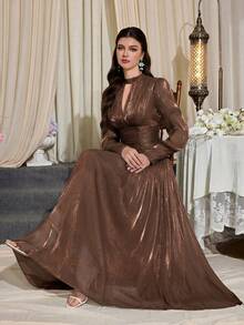 Glazenia Long Sleeve Brown Glitter A-Line Dress, Decorated With Pleated Details, Back Tie Design, Elegant Long Style - Coffee Brown - View 6