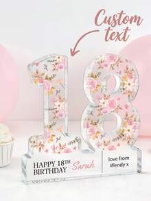 1件定制花卉里程碑生日亚克力数字牌匾，可个性化定制姓名文字，60岁70岁生日数字装饰，适合作为送给妈妈、奶奶的感谢礼物，生日/退休/周年纪念派对中心装饰品，底座刻字，具有纪念意义 - 彩色 - 查看 5
