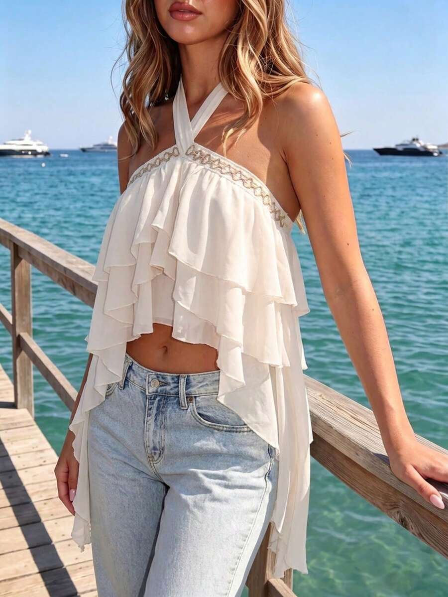 Women's Elegant Cream Crossover Neck Ruffle Hem Cropped Top, Bohemian Style Summer Vacation Blouse - Apricot - View 1