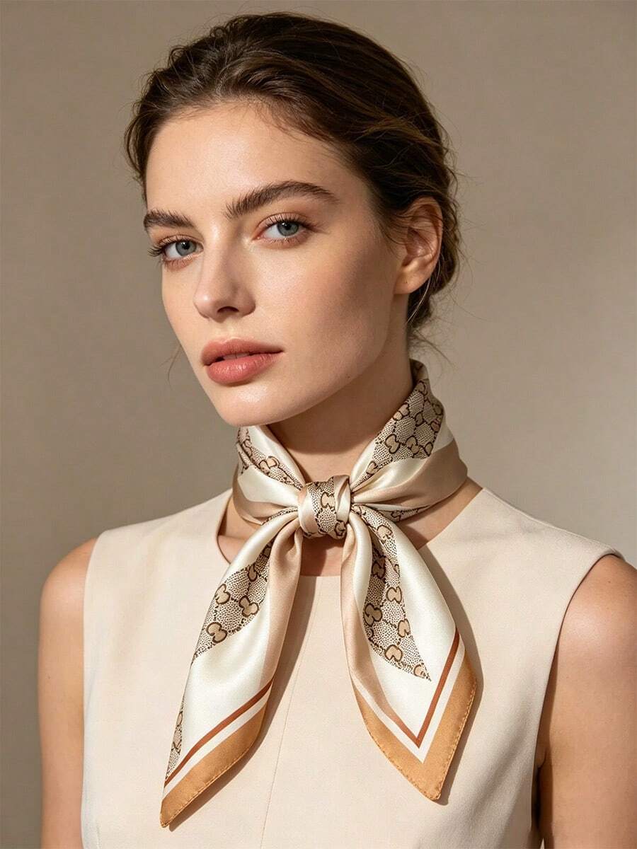 Moemton Elegante sciarpa in raso beige crema con motivo monogramma retrò, foulard da collo, accessorio per borse, versatile per lavoro, brunch e outfit serali - Albicocca - Visualizzare 1