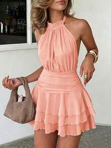 Vestido elegante y romántico de cuello halter, cintura ajustada, vestido corto con volantes plisados en albaricoque y blanco, nuevo vestido de primavera/verano, vestido para cita de San Valentín, vestido casual de vacaciones, vestido románt - Rosa - Ver 4