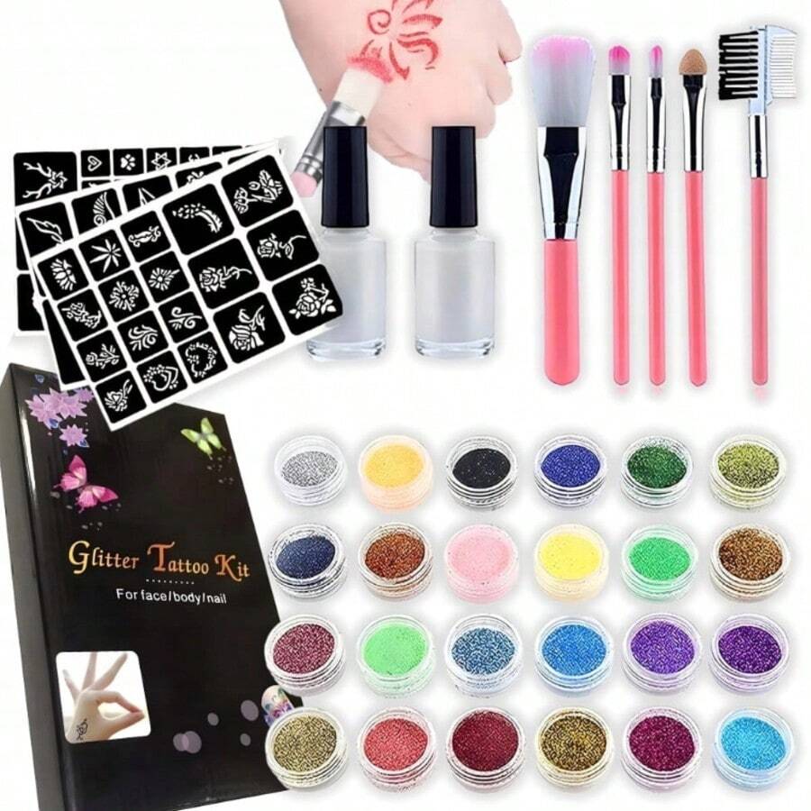 Large Glitter Tattoo Kit With Reusable Stencils – Temporary Body Art Set, Shimmer Tattoo Makeup Kit With Multiple Designs For Parties, Festivals, Dress-Up & DIY Body Decoration - Multicolor - View 1