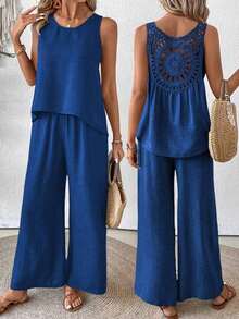 Conjunto de top sin mangas y pantalones de pierna ancha con parte posterior de malla de encaje para mujer, color albaricoque, para primavera/verano - azul real - Ver 8