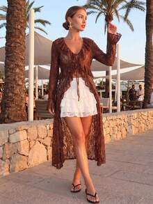 Women Tie Front Cardigan Casual Lightweight Floral Lace Ruffles Long Duster For Streetwear Aesthetic Clothes - Reddish Brown - View 4