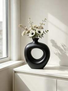 1 pieza Jarrón decorativo de estilo minimalista moderno con forma de rosquilla hueca a rayas blanco y negro mate negro, adecuado para flores secas, decoración de mesa de sala de estar - Medieval - Ver 6