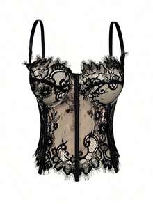 Top corset con adorno de encaje floral para mujer, elegante y casual para el verano - Negro 2 - Ver 1