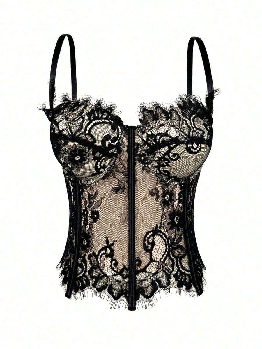 Top corset con adorno de encaje floral para mujer, elegante y casual para el verano - Negro 2 - Ver 1