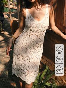 Đầm midi cổ chữ V móc len kiểu Bohemian, đầm không tay ren khoét lỗ cho kỳ nghỉ biển, trang phục đi nghỉ mát kiểu Bohemian. - Màu be - Xem 3