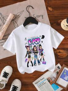 Short-Sleeved T-Shirt With Round Neck And Hawaiian Floral And Letter Print For Girls, Casual And Modern Style, Ideal For Everyday Outings And Holidays, Hawaiian T-Shirt For The - 酒紅色 - 查看 3