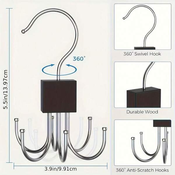 6-Claw Rotating Multi-Function Hook, Can Hang Clothes, Hats, Scarves, Wardrobe Storage Hooks, Door Hooks, Bag Hooks, Polished Wooden Surface
