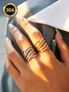 Uself 2 piezas/1 pieza Anillos de acero inoxidable cruzados vintage gruesos de varias filas, anillos abiertos ajustables, anillos de vacaciones para mujer, joyería para mujer, joyería occidental, marca de mujer, regalo de vacaciones, anillos de mujer - Multicolor - Ver 3