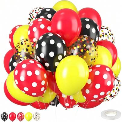 Bộ 30 quả bóng bay màu đỏ, vàng, đen kèm bóng bay kim tuyến và 1 cuộn ruy băng trang trí bóng bay, thích hợp cho tiệc cô dâu, sinh nhật hoạt hình, lễ hội hóa trang.