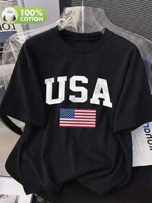 Camiseta feminina casual vintage com estampa de letras e bandeira americanas, gola redonda e manga curta, ideal para primavera, verão e outono. Preta. - Preto - Ver 3