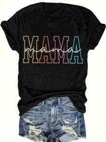 "MAMA" Mother'S Day Letter-Printed Round Neck Short Sleeve Plus Size Women'S Casual Fashion T-Shirt Soft Touch Fabric Memorial Day Weekend Sal Summer Vacation Outfit 5EC2 - 黑色 - 查看 1