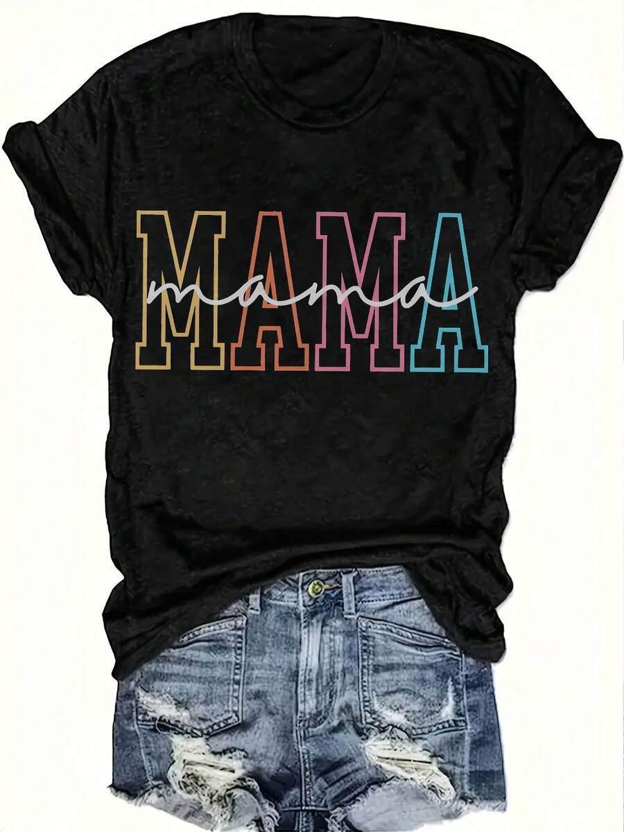 "MAMA" Mother'S Day Letter-Printed Round Neck Short Sleeve Plus Size Women'S Casual Fashion T-Shirt Soft Touch Fabric Memorial Day Weekend Sal Summer Vacation Outfit 5EC2 - 黑色 - 查看 1