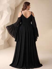 Plus Cold Shoulder Split Thigh Chiffon Dress Elegant Long Sleeve Bridesmaid Dress Wedding Black Spring Party - Black - View 3