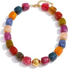 Mchic Colorful Beaded Choker Necklace Women: Boho Large Square Acrylic Beaded Necklace Stainless Steel Adjustable Surfer Beach Strand Summer Handmade Jewelry Women - Đầy màu sắc - Xem 8
