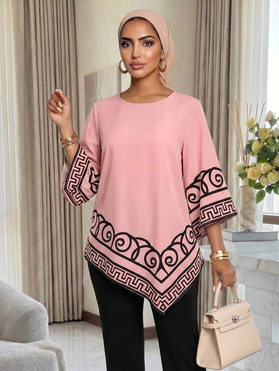 SHEIN Lady Áo cánh rộng cổ tròn tay loe 3/4 họa tiết hình học viền bất đối xứng dành cho nữ - Nhiều màu - Xem 1