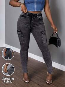 Pantalones pitillo cargo ajustados de mezclilla  lavado, elasticidad media con cordón - Gris - Ver 1